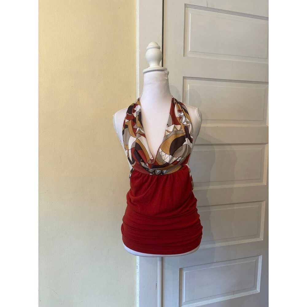 Womens top halter cowl neck empire waist retro geometric open back going out